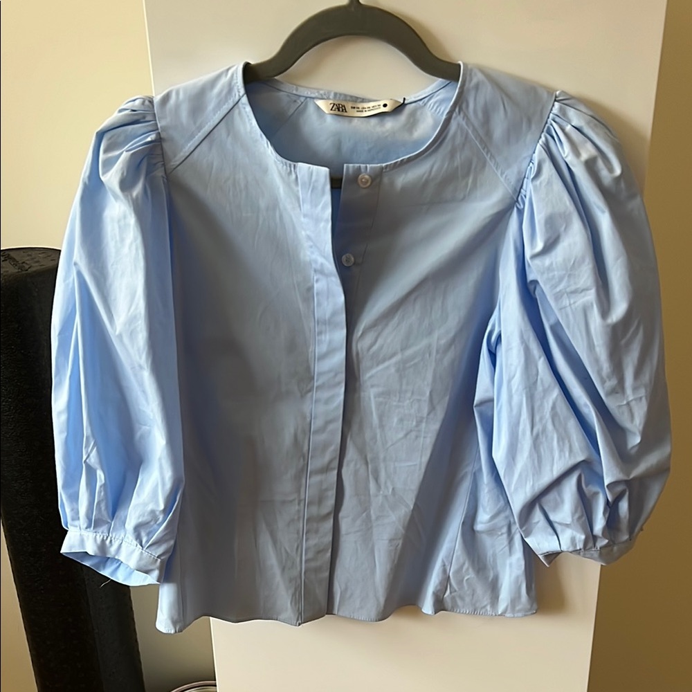 Zara Blue Boxy Blouse with Mandarin Collar